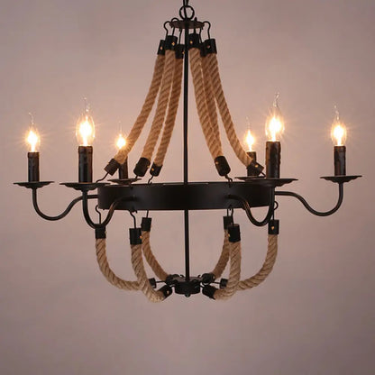 Lámpara colgante circular de metal negro con cuerda para colgar - Lámpara de techo de estilo industrial