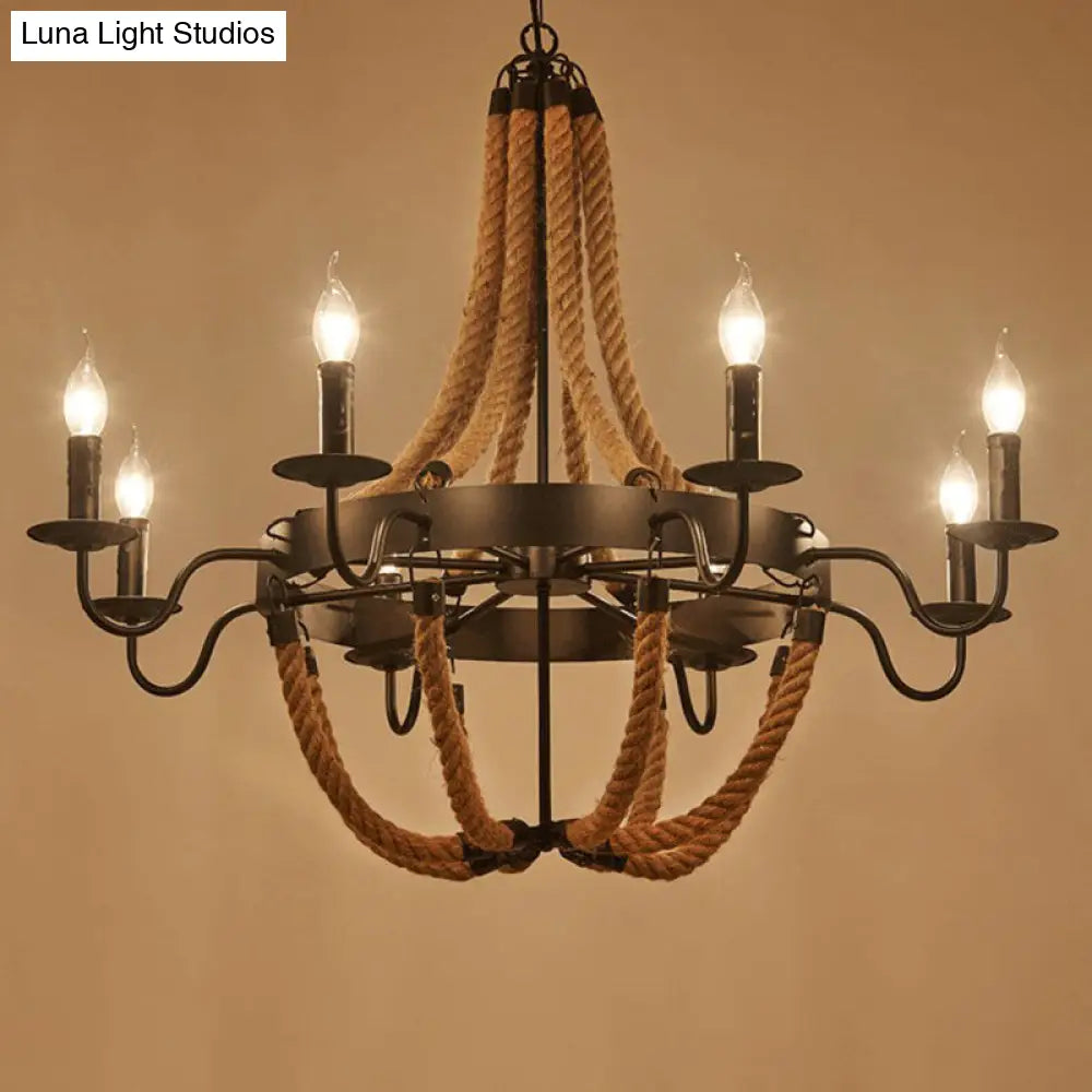 Lámpara colgante circular de metal negro con cuerda para colgar - Lámpara de techo de estilo industrial