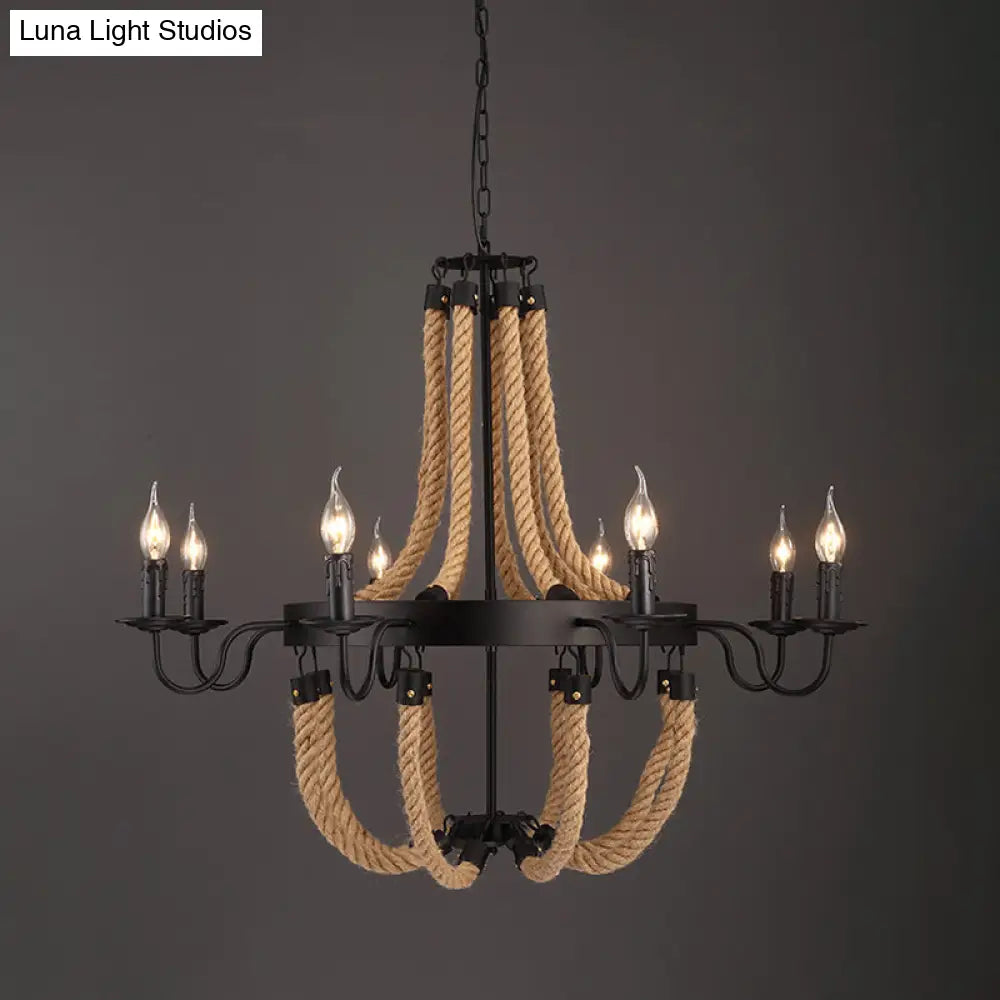 Lámpara colgante circular de metal negro con cuerda para colgar - Lámpara de techo de estilo industrial