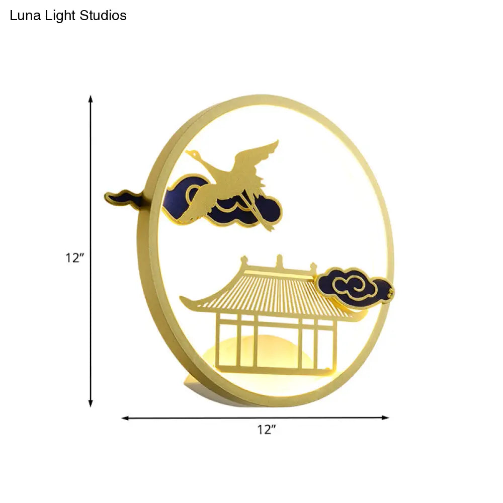 Circular Crane and House Wall Lighting Asia Style Metallic LED Hallway Wall Mural Light in Gold