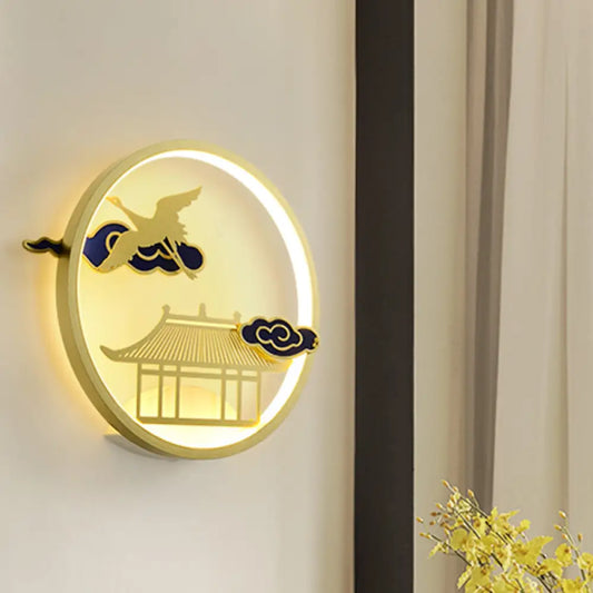 Circular Crane and House Wall Lighting Asia Style Metallic LED Hallway Wall Mural Light in Gold