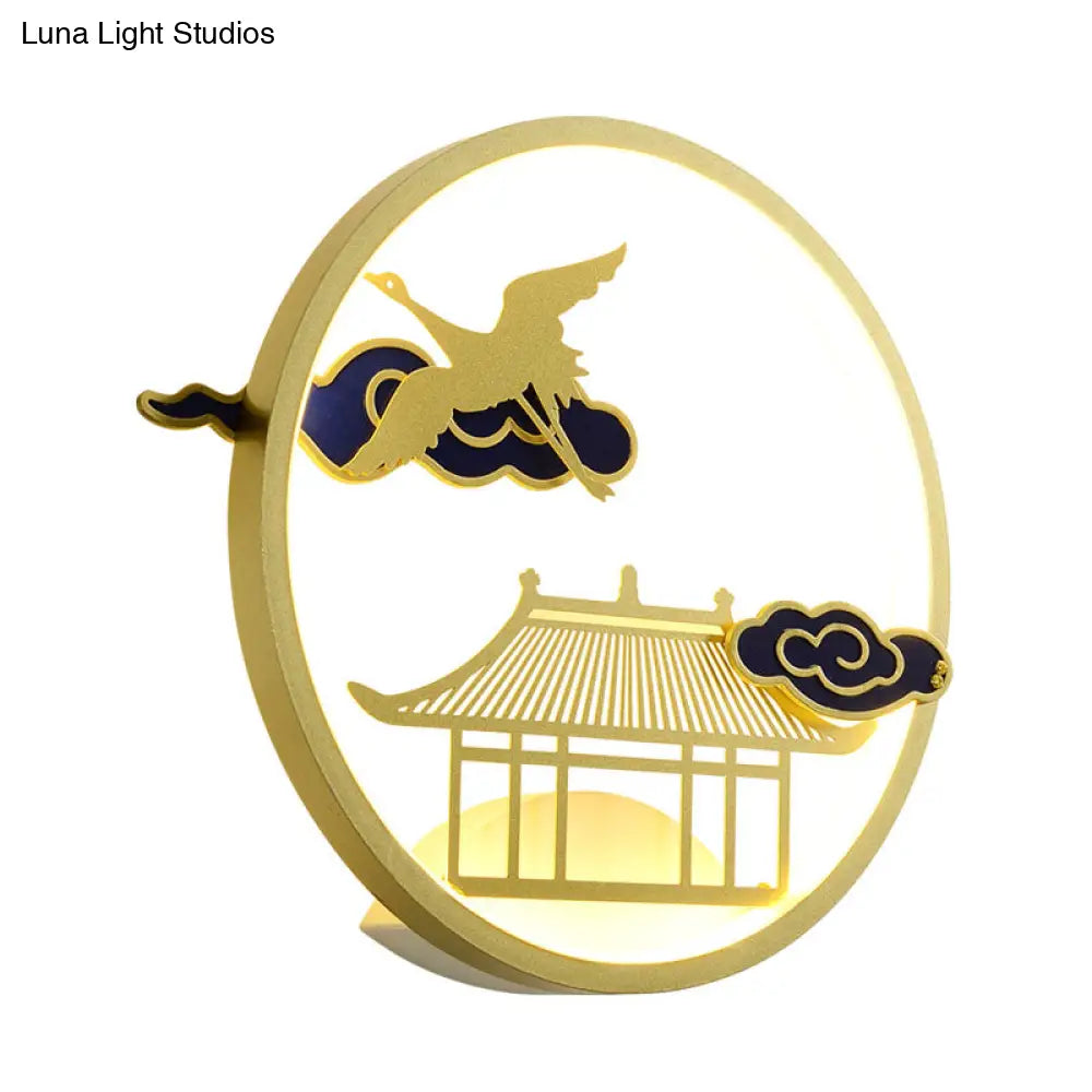 Circular Crane and House Wall Lighting Asia Style Metallic LED Hallway Wall Mural Light in Gold