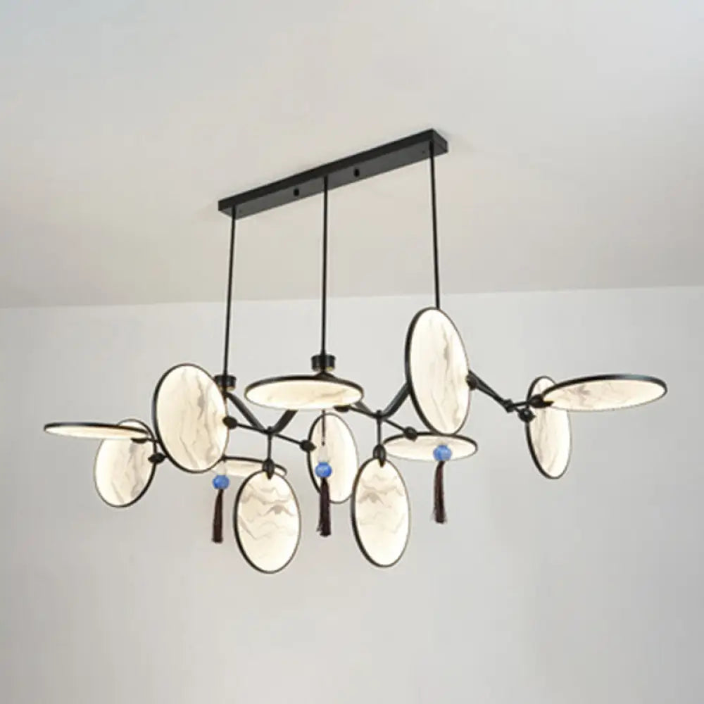 DecorBites™ Circular Fan Island Lamp: Modern Acrylic LED Suspension Light with Landscape Print – Perfect for Tearooms