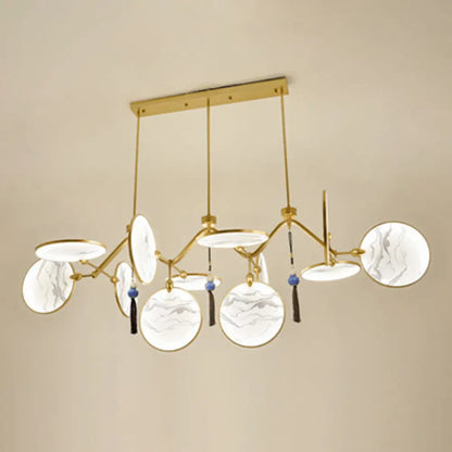 DecorBites™ Circular Fan Island Lamp: Modern Acrylic LED Suspension Light with Landscape Print – Perfect for Tearooms