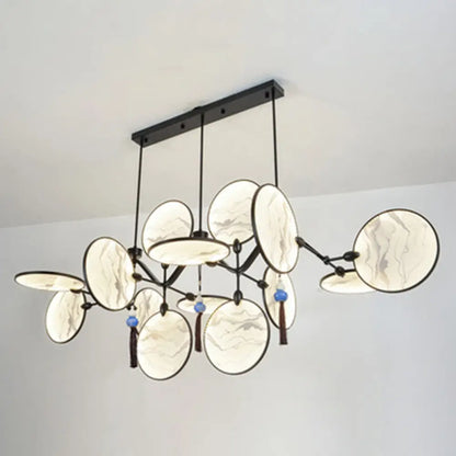 DecorBites™ Circular Fan Island Lamp: Modern Acrylic LED Suspension Light with Landscape Print – Perfect for Tearooms