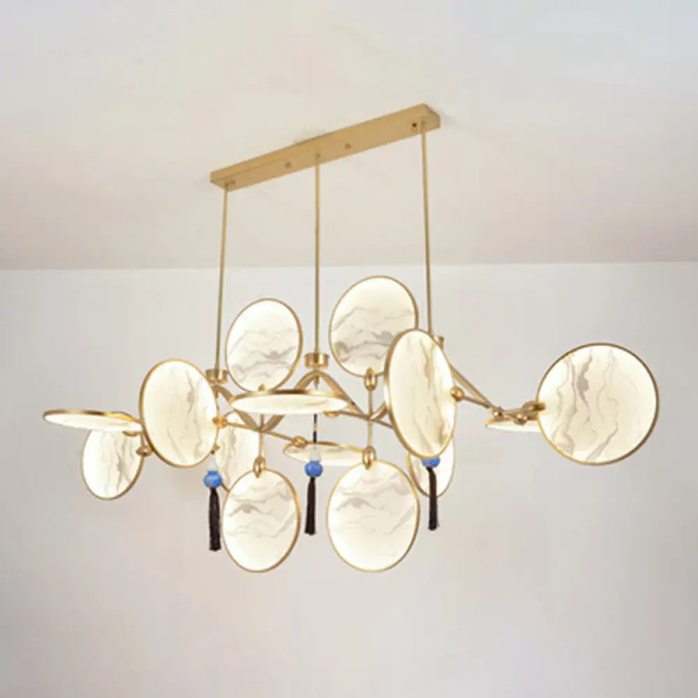 DecorBites™ Circular Fan Island Lamp: Modern Acrylic LED Suspension Light with Landscape Print – Perfect for Tearooms