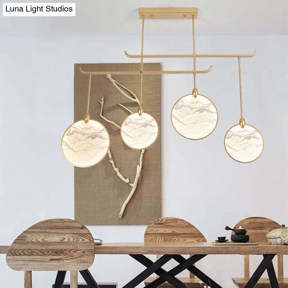 DecorBites™ Circular Fan Island Lamp: Modern Acrylic LED Suspension Light with Landscape Print – Perfect for Tearooms