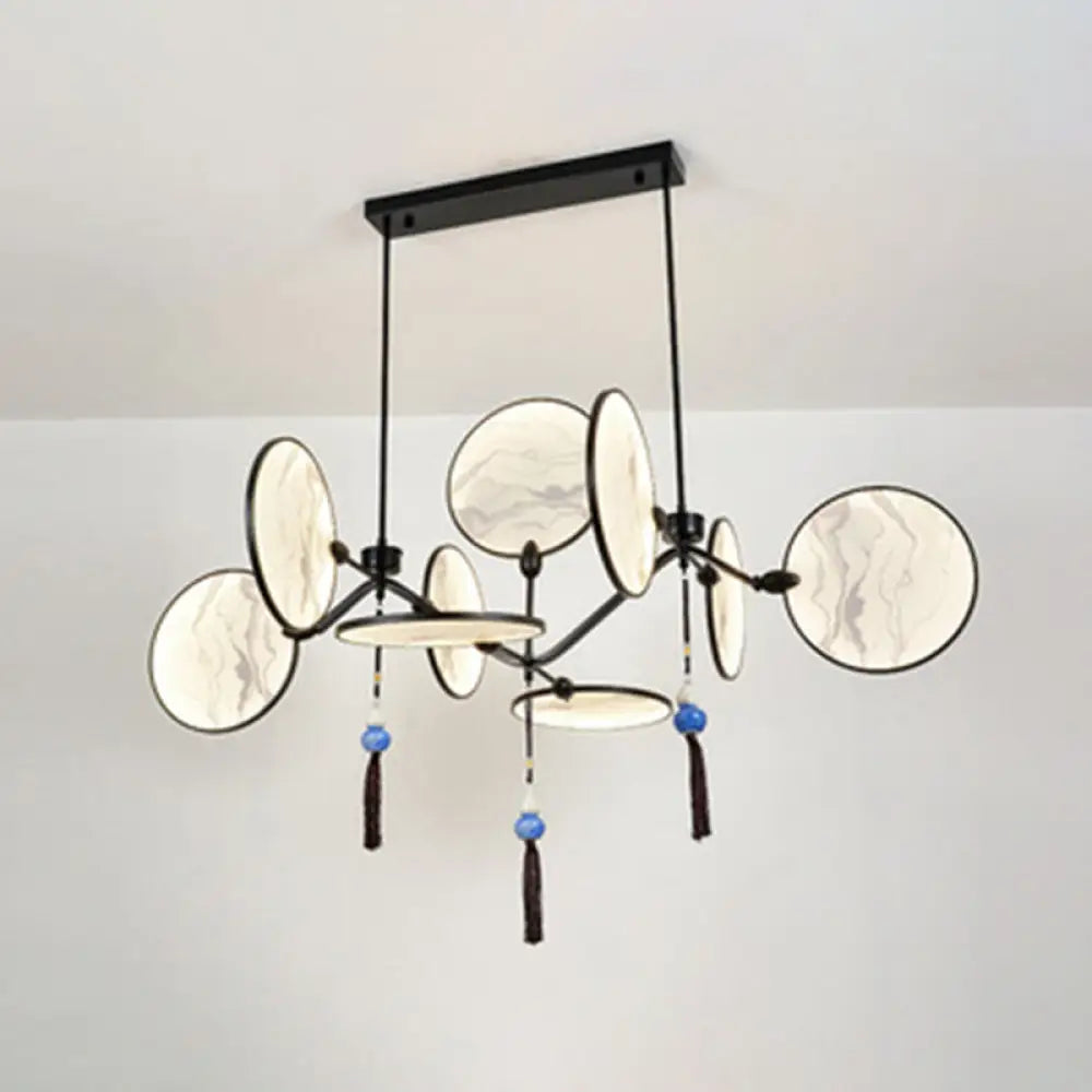 DecorBites™ Circular Fan Island Lamp: Modern Acrylic LED Suspension Light with Landscape Print – Perfect for Tearooms