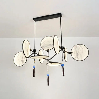 DecorBites™ Circular Fan Island Lamp: Modern Acrylic LED Suspension Light with Landscape Print – Perfect for Tearooms