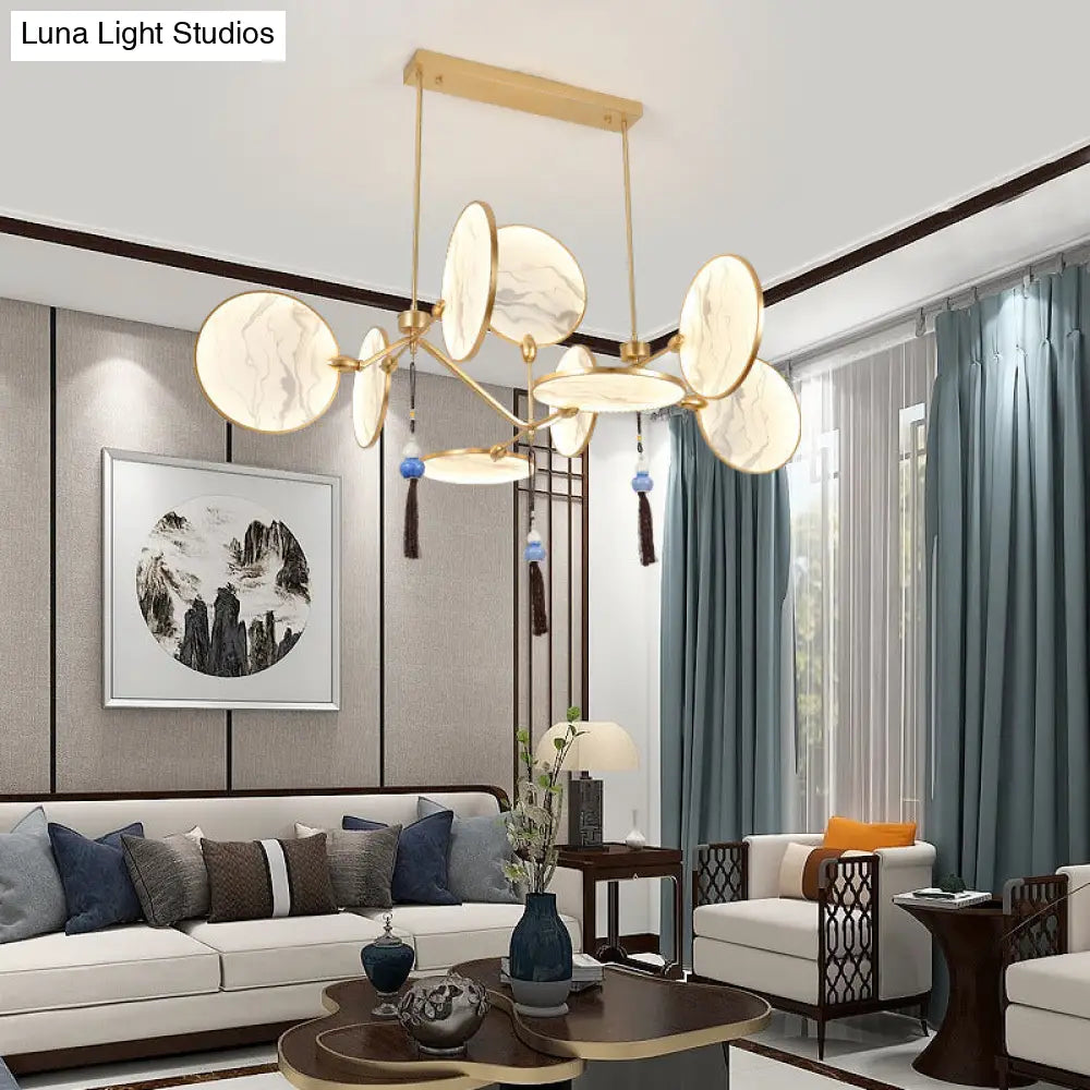 DecorBites™ Circular Fan Island Lamp: Modern Acrylic LED Suspension Light with Landscape Print – Perfect for Tearooms