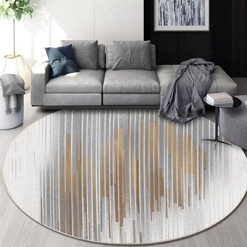 Circular geometric cashmere floor mat with vertical metallic silver and warm gold stripes for elegant living room decorbites