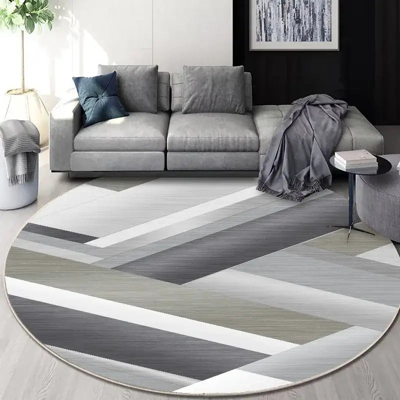 Circular geometric cashmere floor mat with gray white and beige zigzag pattern ideal for living room decorbites circular geometric