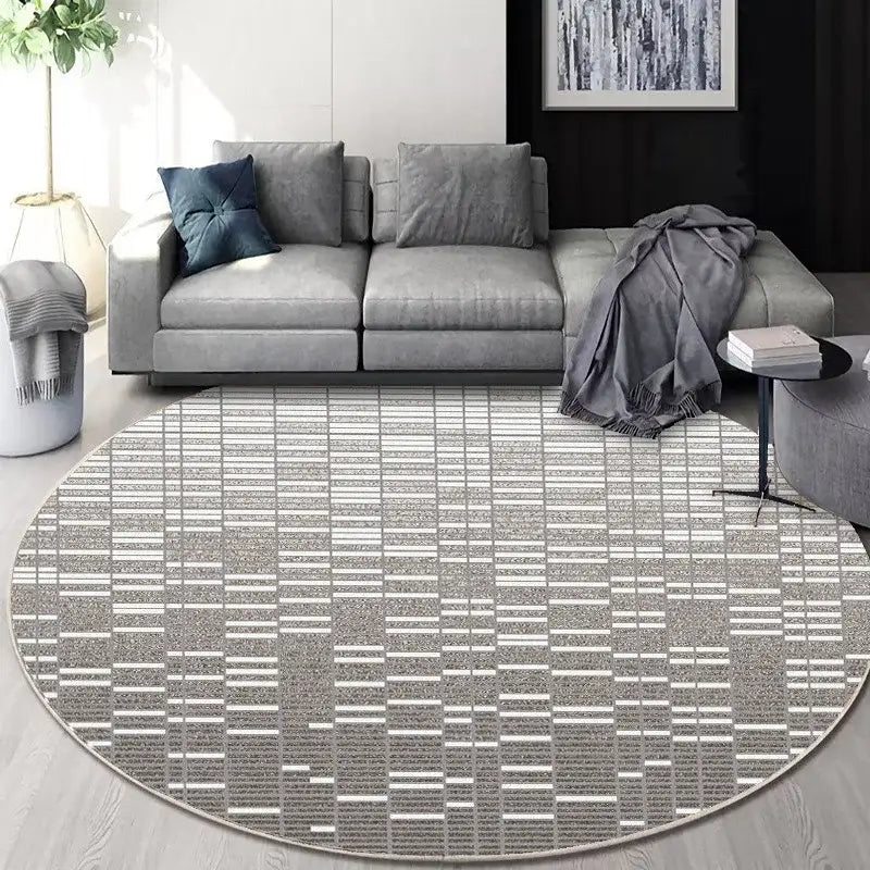 Circular geometric cashmere floor mat in gray and white with a modern pattern for beige living room decorbites circular geometric