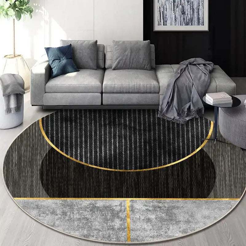 Modern oval circular geometric cashmere floor mat with bold black gray and gold design for living room decorbites carpet