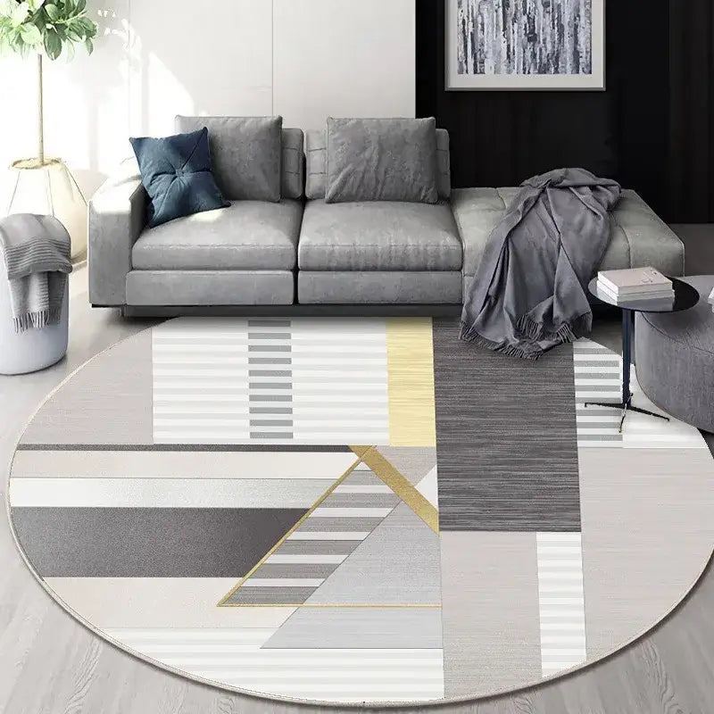 Modern circular geometric cashmere floor mat in gray white and gold accents for beige living room decorbites circular geometric