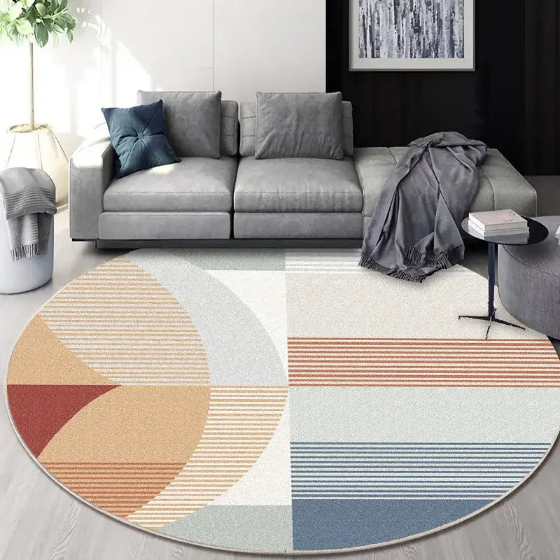 Beige terracotta and blue circular geometric cashmere floor mat with striped and solid sections for living room decorbites circular geometric