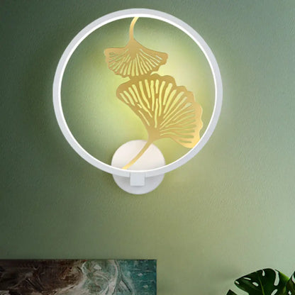 Circular Ginkgo Mural Light: Contemporary LED Metallic Wall Lighting for Living Room (Black/White, Warm/White)
