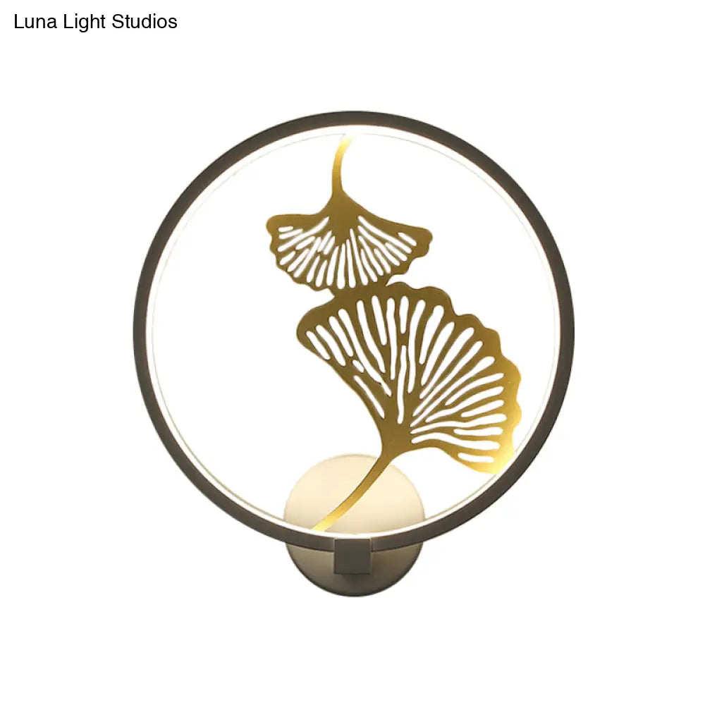 Circular Ginkgo Mural Light: Contemporary LED Metallic Wall Lighting for Living Room (Black/White, Warm/White)