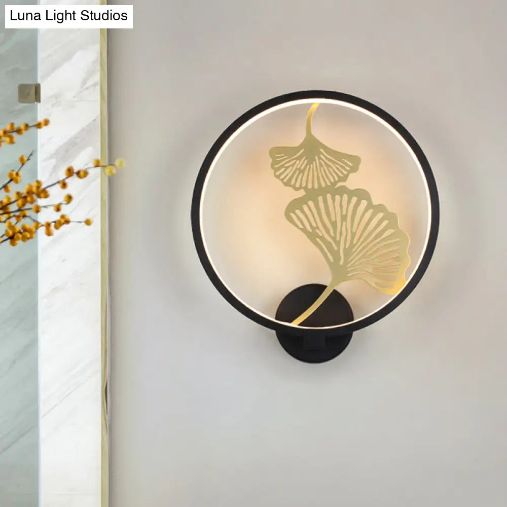 Circular Ginkgo Mural Light: Contemporary LED Metallic Wall Lighting for Living Room (Black/White, Warm/White)