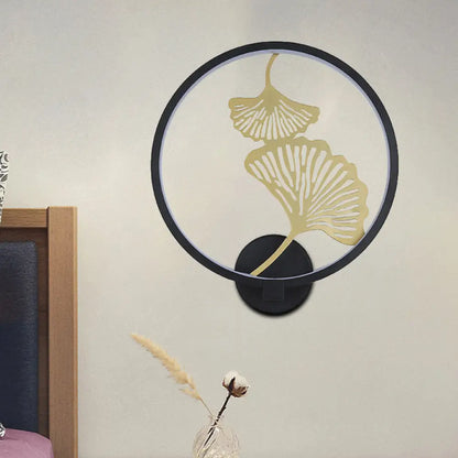 Circular Ginkgo Mural Light: Contemporary LED Metallic Wall Lighting for Living Room (Black/White, Warm/White)