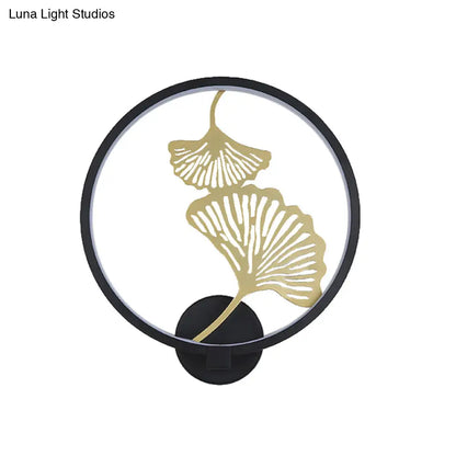 Circular Ginkgo Mural Light: Contemporary LED Metallic Wall Lighting for Living Room (Black/White, Warm/White)