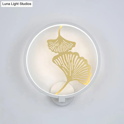 Circular Ginkgo Mural Light: Contemporary LED Metallic Wall Lighting for Living Room (Black/White, Warm/White)