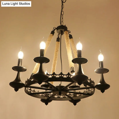 Circular Industrial Restaurant Chandelier with Hemp Rope in Black Iron Finish