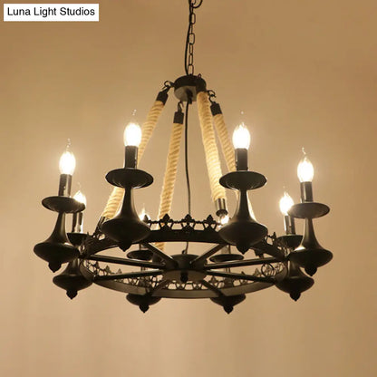 Circular Industrial Restaurant Chandelier with Hemp Rope in Black Iron Finish