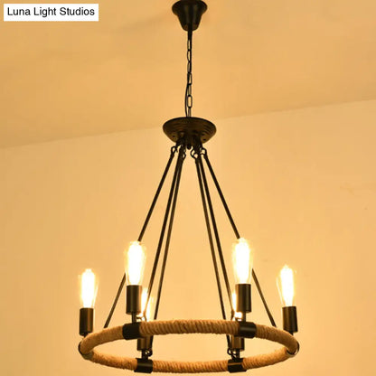 Circular Industrial Restaurant Chandelier with Hemp Rope in Black Iron Finish