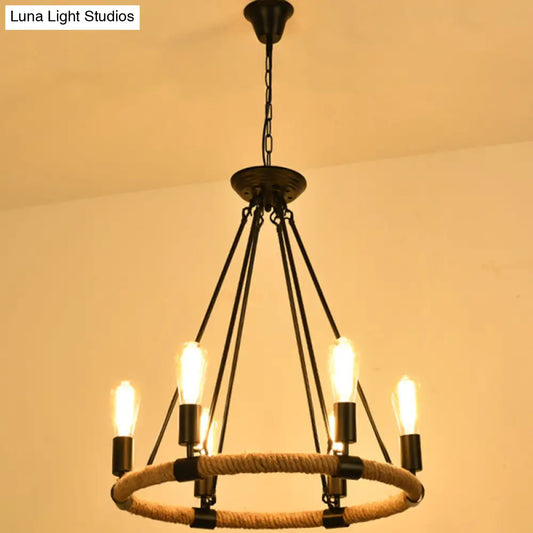 Circular Industrial Restaurant Chandelier with Hemp Rope in Black Iron Finish