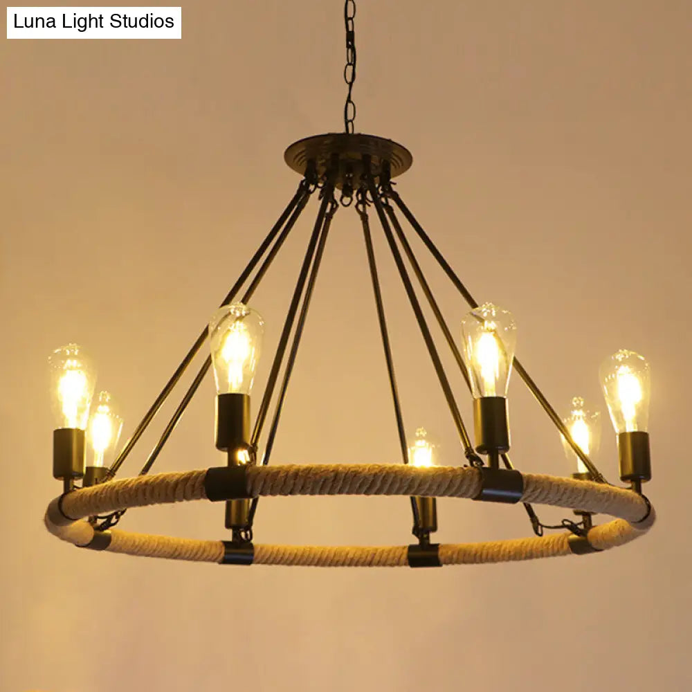 Circular Industrial Restaurant Chandelier with Hemp Rope in Black Iron Finish