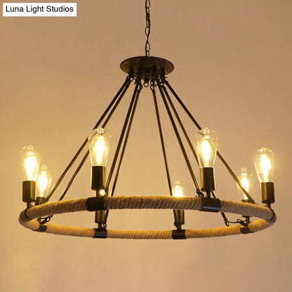 Circular Industrial Restaurant Chandelier with Hemp Rope in Black Iron Finish