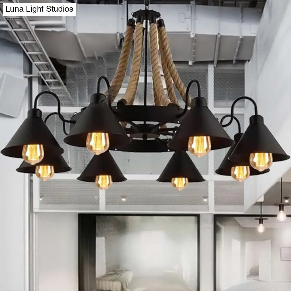 Circular Industrial Restaurant Chandelier with Hemp Rope in Black Iron Finish