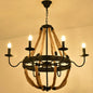 Circular Industrial Restaurant Chandelier with Hemp Rope in Black Iron Finish