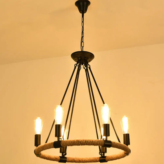 Circular Industrial Restaurant Chandelier with Hemp Rope in Black Iron Finish