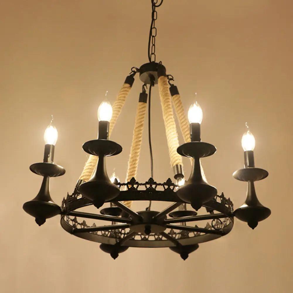 Circular Industrial Restaurant Chandelier with Hemp Rope in Black Iron Finish