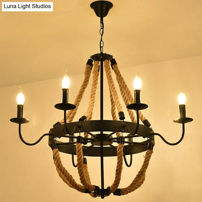 Circular Industrial Restaurant Chandelier with Hemp Rope in Black Iron Finish