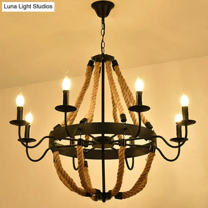 Circular Industrial Restaurant Chandelier with Hemp Rope in Black Iron Finish