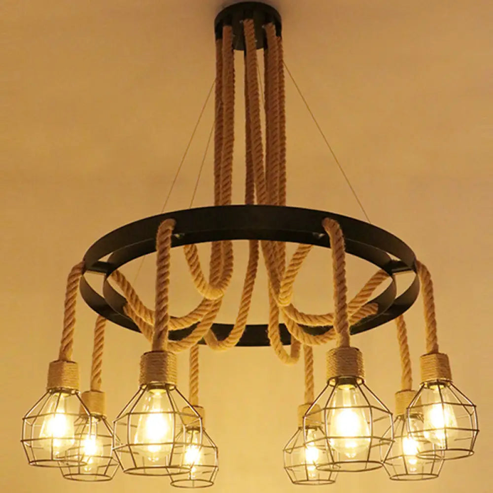 Circular Industrial Restaurant Chandelier with Hemp Rope in Black Iron Finish