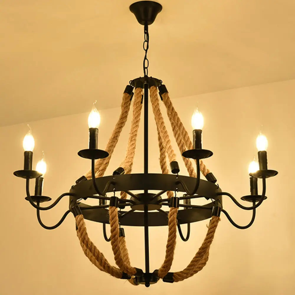 Circular Industrial Restaurant Chandelier with Hemp Rope in Black Iron Finish