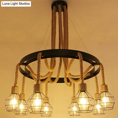 Circular Industrial Restaurant Chandelier with Hemp Rope in Black Iron Finish