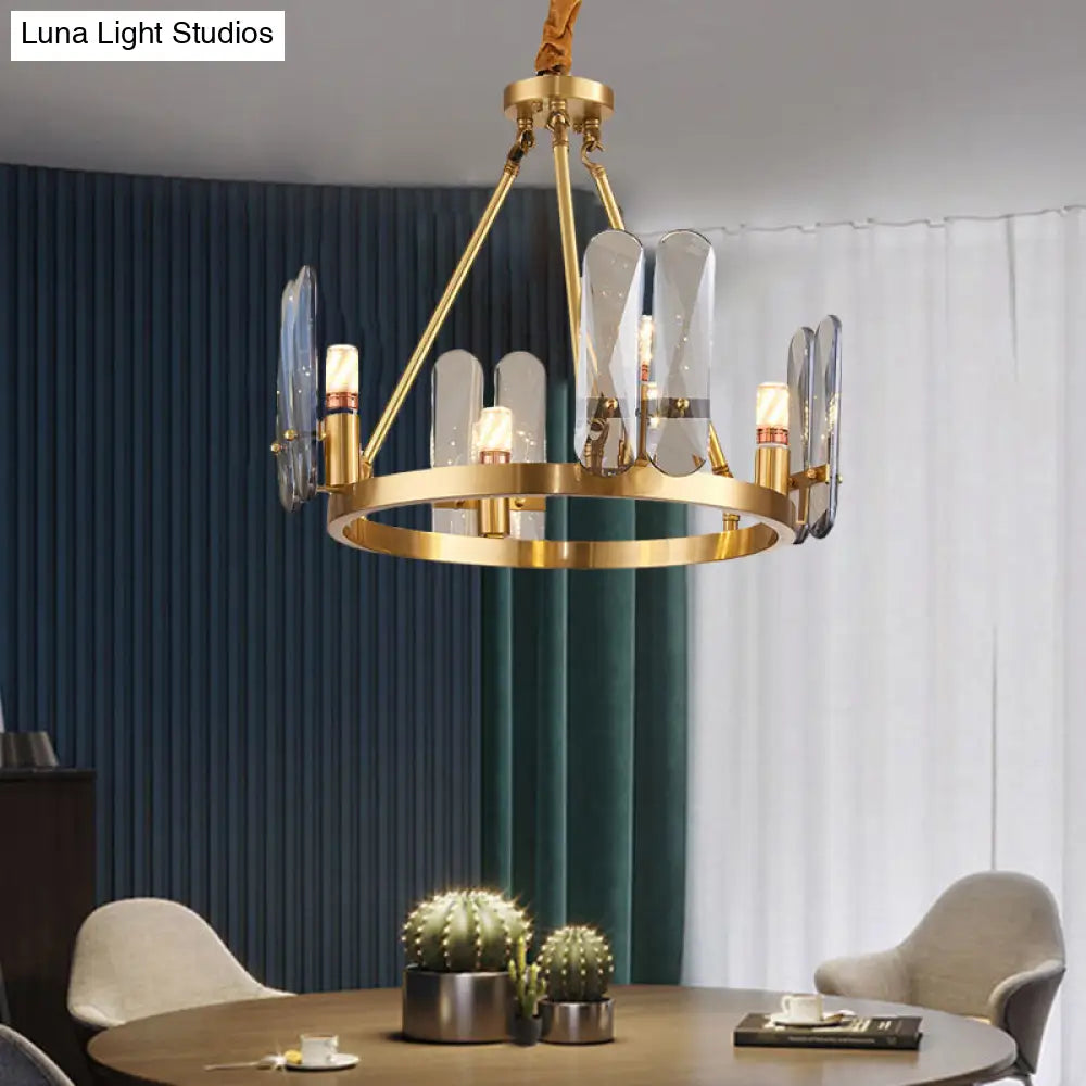 Lámpara de araña circular de latón con 4 cabezales modernistas y panel ovalado de cristal gris humo