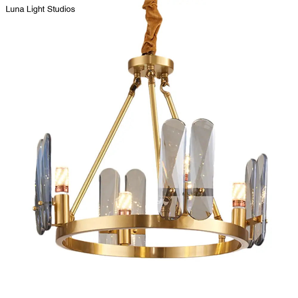 Lámpara de araña circular de latón con 4 cabezales modernistas y panel ovalado de cristal gris humo