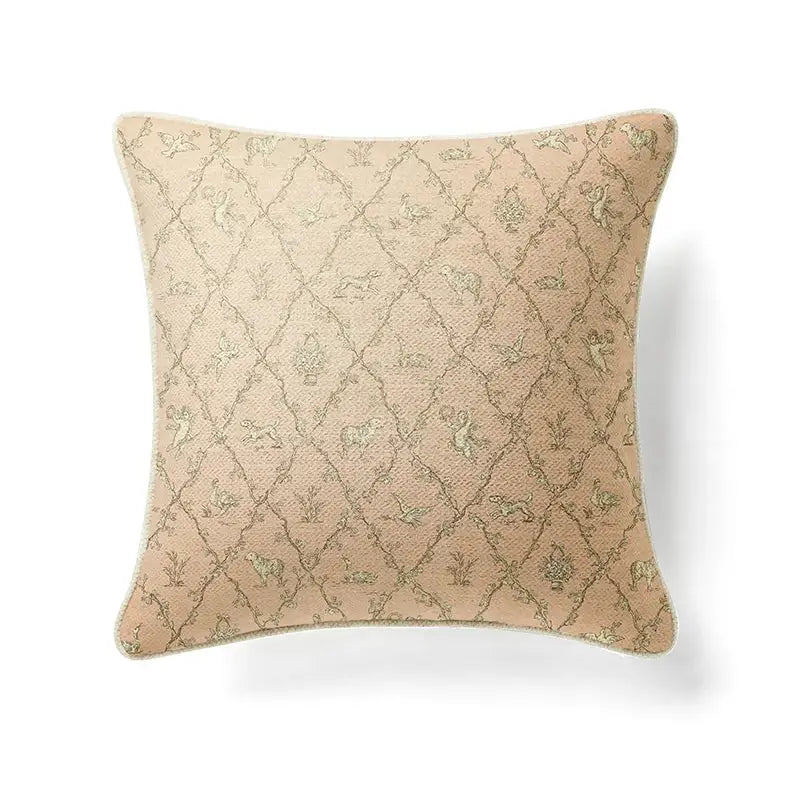 Beige square pillow cover with subtle diamond pattern and delicate muted green embroidery for decorbites circular swallows decor