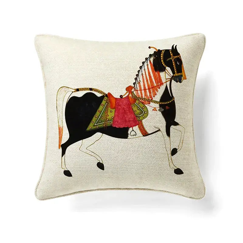 Beige linen throw pillow with embroidered black and white horse and ornate red gold green tack for decorbites circular swallows pillow covers