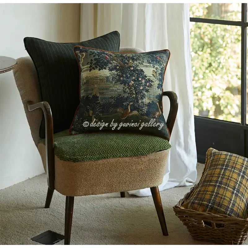 Dark green embroidered pillow cover with detailed landscape scene and gold-toned trim for decorbites circular swallows decorbites circular swallows pillow covers living room decor