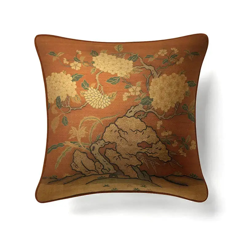 Orchid-toned pillow cover with embroidered golden hydrangeas on earthy orange background for decorbites circular swallows decor