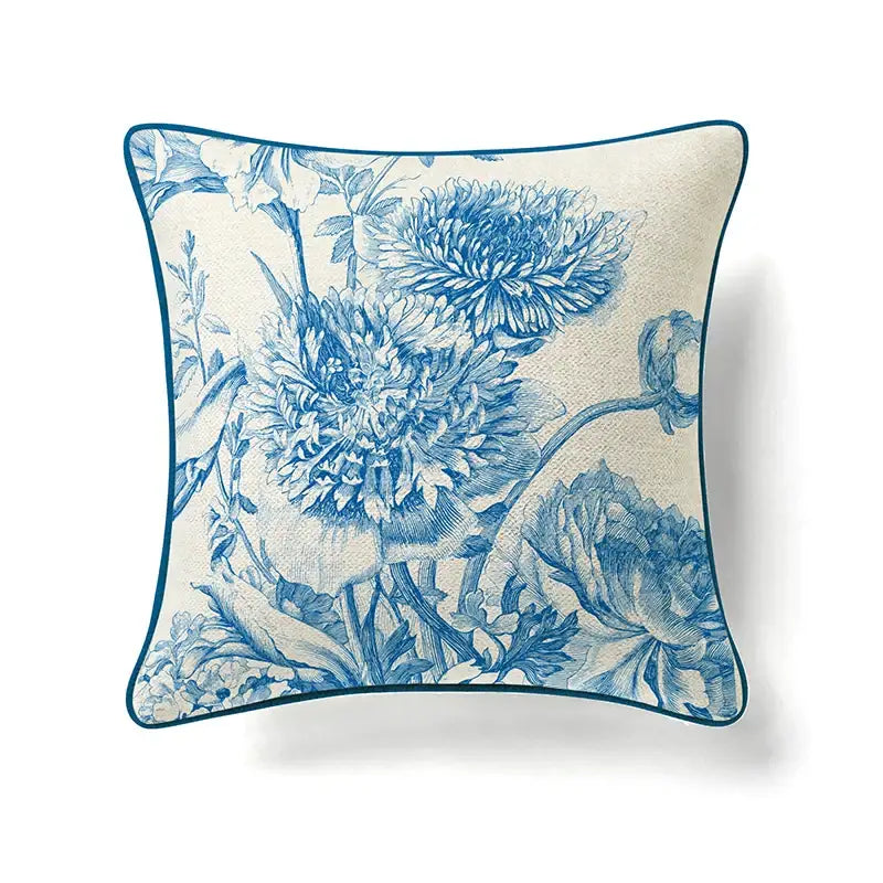 Square pillow cover with intricate blue floral pattern on cream fabric and teal border for decorbites circular swallows decor