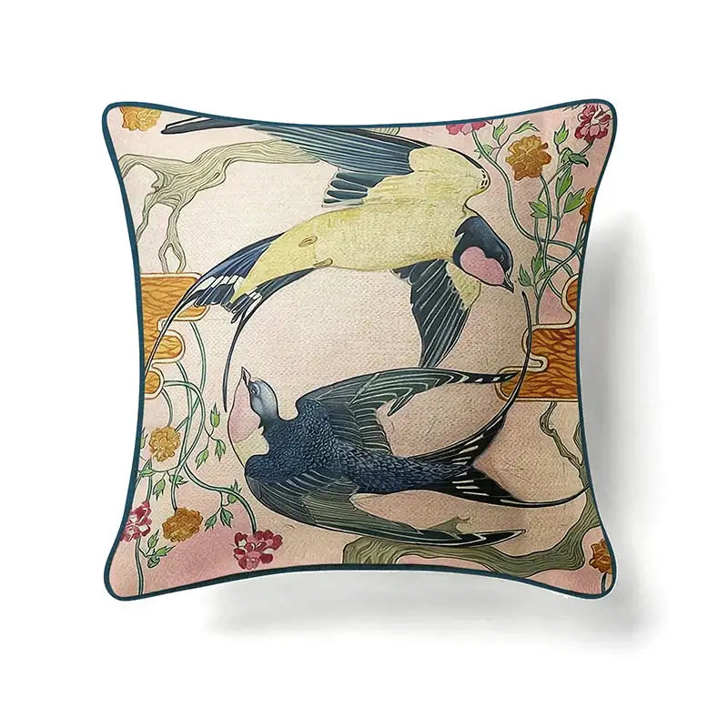 Square pillow covers featuring circular swallows in pink and teal with art nouveau floral vines for decorbites circular swallows decor