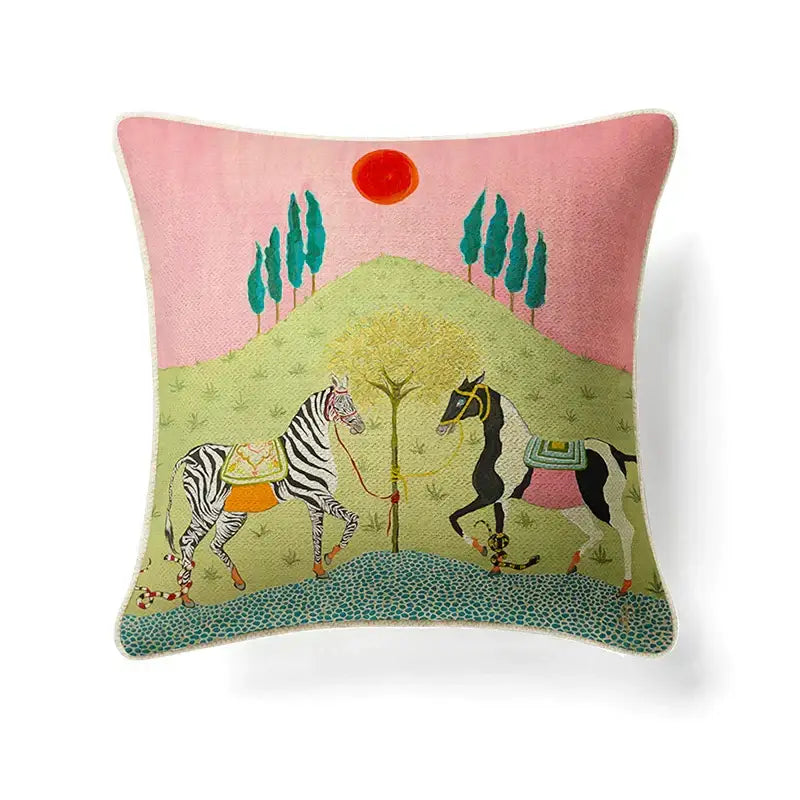 Square plush pillow cover featuring whimsical embroidered zebra and horse under tree on pink sky for decorbites circular swallows
